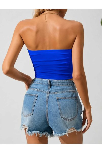 Olyssia Premium - Kadın Mavi Büstiyer Straplez Crop Top / Esnek Bandeau - Şık Trend Basic Üst