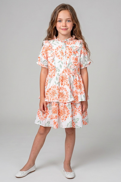 Kidyra Girl's Orange Floral Patterned Frilly Dress
