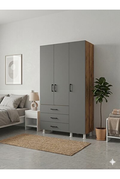 artı dizayn mobilya 105x45 3 ÇEKMECELİ 3 KAPAKLI RAFLI GARDIROP BEYAZ- ANTRAS...