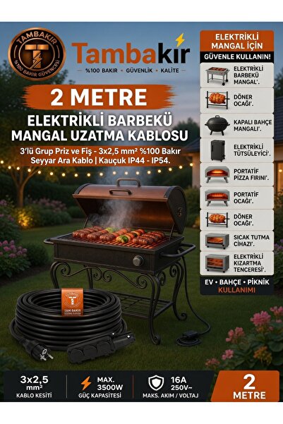r Rosso Levanto Elektrikli Barbekü Mangal Uzatma Kablosu 2 m, 3'lü Grup Priz ...