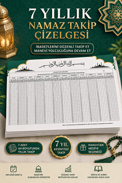 Organik Yolda 7 Yıllık Namaz Takip Çizelgesi A4 Boyutundadır