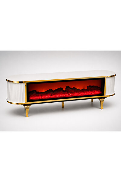 SOME ŞÖMEN- Klasik - 160cm - Şömineli Tv sehpası- Beyaz renk Gold detaylı