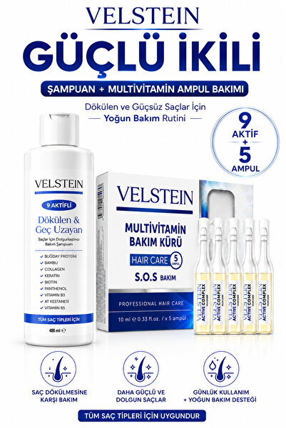 velstein Dökülme Karşıtı Şampuan + Multivitamin Saç Bakım Ampul Seti