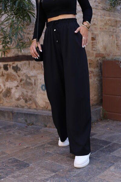 bytugcekaya Black Elastic Waist Palazzo Bottoms