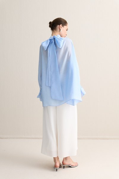 Zeyyen Geniş Fularlı Tencel Bluz Bebe Mavisi