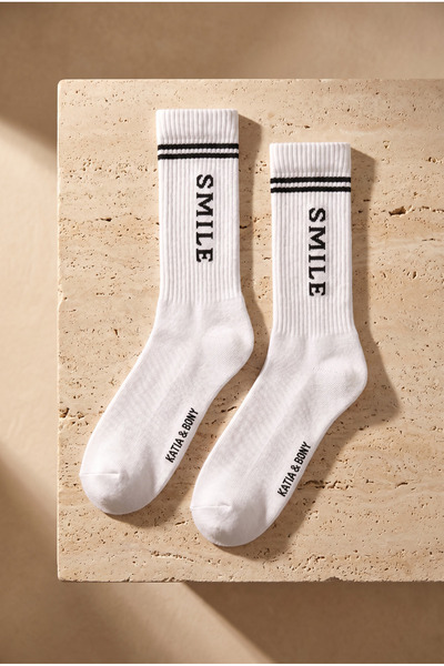 Katia&Bony Unisex Yazı Baskılı Çizgili Beyaz 4'lü Soket Çorap