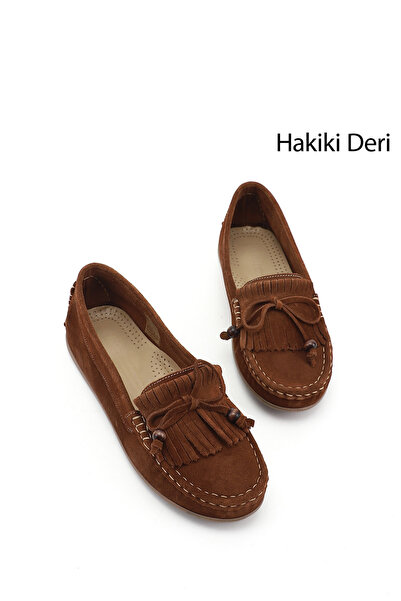 GÖNDERİ(R) Kadın Taba Süet Fiyonklu Hakiki Deri Comfort Loafer