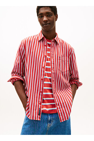 Tommy Jeans Kırmızı Erkek Çizgili Gömlek DM0DM22406XL0 TJM RLX STRIPE TWILL