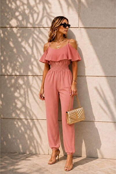 Modafeminen Salopetă elegantă cu volane și bretele, culoare Dusty Rose 582123