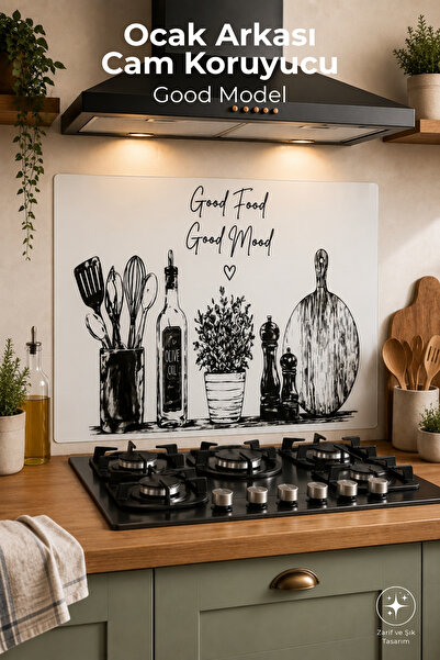 Nandy Home Ocak Arkası Cam Koruyucu Good Food Good Mood Model – 60x52 cm Temp...
