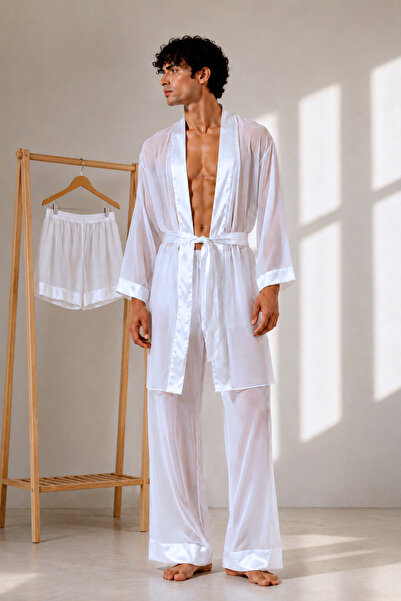QMEN STYLE Men's Chiffon Kimono - Pajamas - Shorts Set