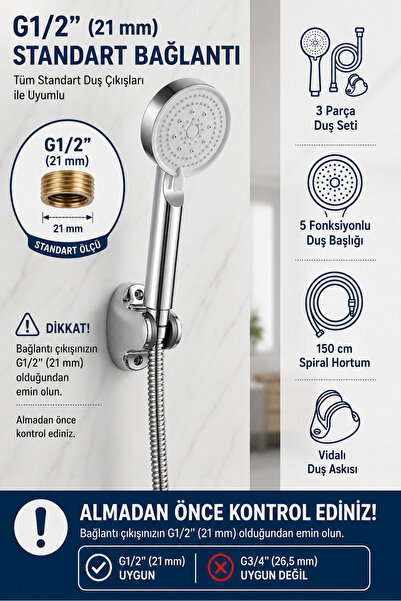 Plodna House Tazyikli 5 Fonksiyon Royal Duş Başlığı 150cm Örgülü Hortum Mafsal