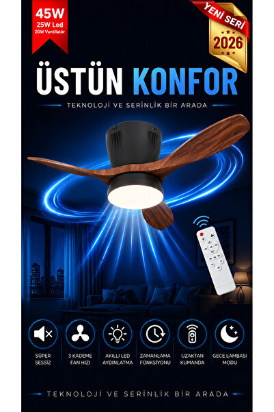 Goes Modern Led Işıklı Tavan Vantilatörü 3 Renk Işık 3 Kademe Hız Sessiz Siya...