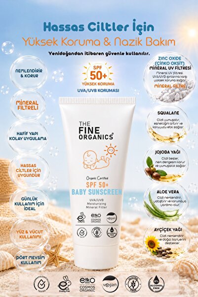 THE FINE ORGANICS واقي شمسي عضوي معتمد بعامل حماية من الشمس 50+ مع فلتر معدني للأشعة فوق البنفسجية UVA/UVB للأطفال والرضع، واقي شمسي نباتي.