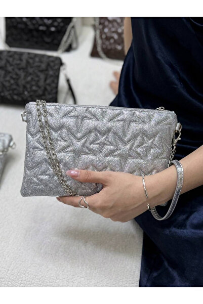 Gümüş Yıldız Nakışlı Simli Suni Deri Portföy Zincir Askılı Gece Çantası