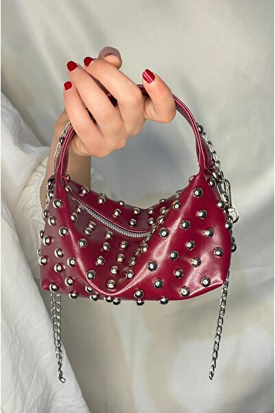 ByKübra Burgundy Women's Handbag and Shoulder Bag with Staple Material Chain ...