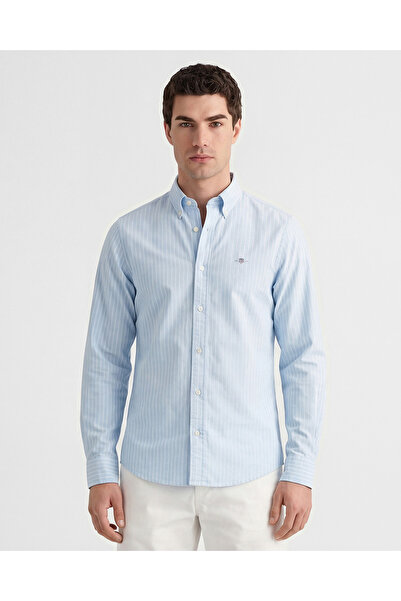 Gant Erkek Mavi Slim Fit Çizgili Logolu Gömlek