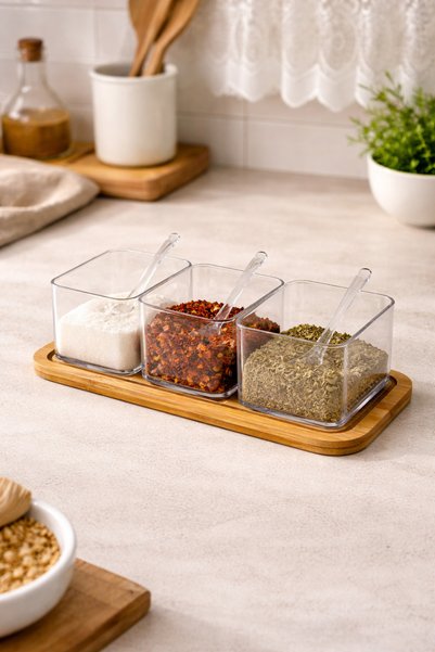 Siliconly Bamboo Lid and Stand 3-Piece Spice Jar Set with Spoon 250 Cc