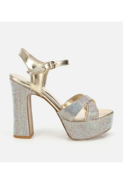 Hotiç Women's Gold Stone Detailed High Heels Sandals