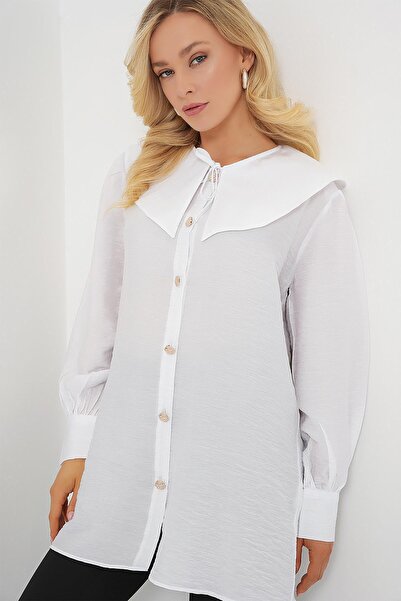 WeShaya White Viscose Nylon Blended Baby Collar Long Sleeve Buttoned Long Tunic