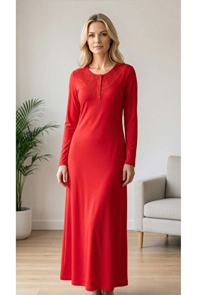 FLZ Women's Long Sleeve Nightgown with Lace Detail – Soft Viscose Fabric, Sty...