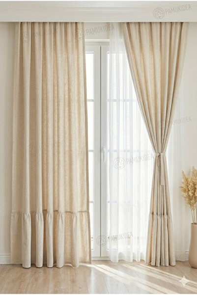 pamukidea Ruffled Skirt 100% Cotton Natural Linen Woven Buldan Curtain - Sing...