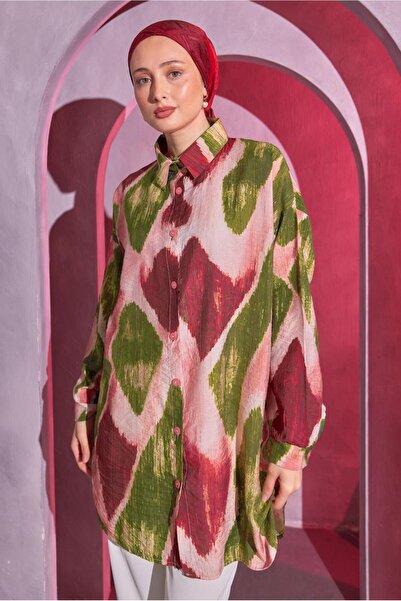 TRENDTESETTÜR Green-Burgundy Patterned Women's Shirt Tunic T 1814