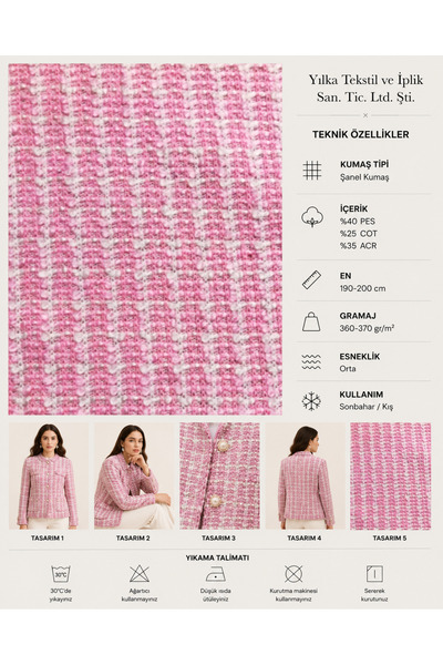 YILKA Pembe Beyaz Dokulu Kumaş – 190-200 cm En, 360-370 gr/m² – %40 PES %25 C...