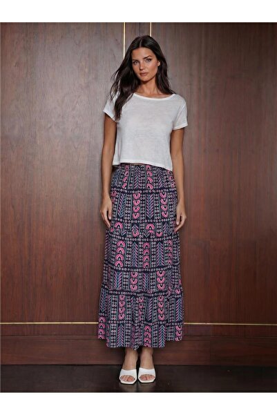 WeShaya Navy Blue Viscose Textured Elastic Waist Patterned Long Skirt 8053, H...