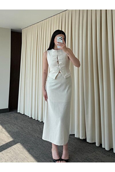 My Blog Set vestă și fustă cu detalii natural Brit - 8749