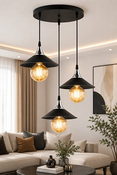 ANGDESİGN Metal Japon 3'lü Avize -Siyah•• Sarkıt Avize Salon Avizesi Modern A...
