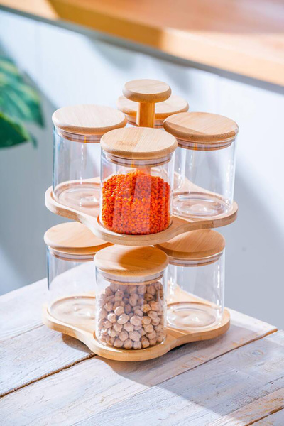 ACAR Malibu Bamboo Stand Set of 8 Borosilicate Glass Spice Jars Lnd-07586