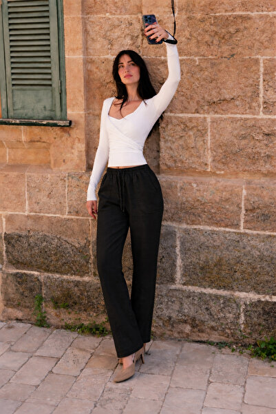 DAMGA JEANS Γυναικείο παντελόνι Jogger με ελαστική μέση και μαύρο λινό ύφασμα