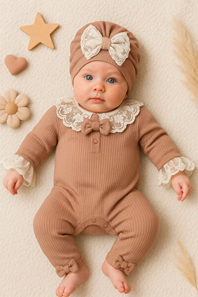 CNDR 3-9 Months Lace Collar Baby Girl Romper with Hat Brown