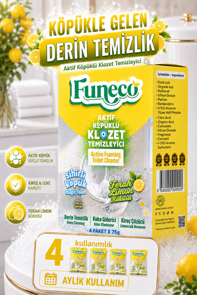 Tuvalet Klozet Temizleyici Aktif Köpük Doğa Dostu 4 Paket 300g Aylık Kullanım Limon Ferahlığı