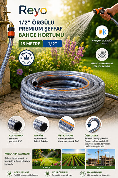 Reyo 1/2 Örgülü Premium Gri Bahçe Hortumu 15 Metre