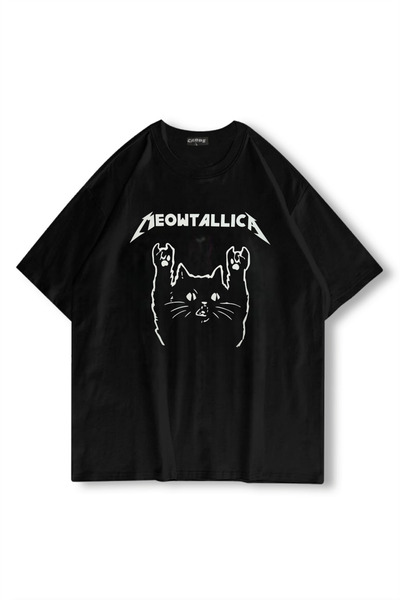 Carpe Siyah Meowtallica Oversize T-shirt