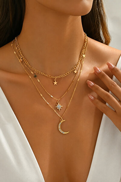 TREND COLLECTİON Gold Moon Star Multi-Layered Necklace – Stylish Chain Women'...