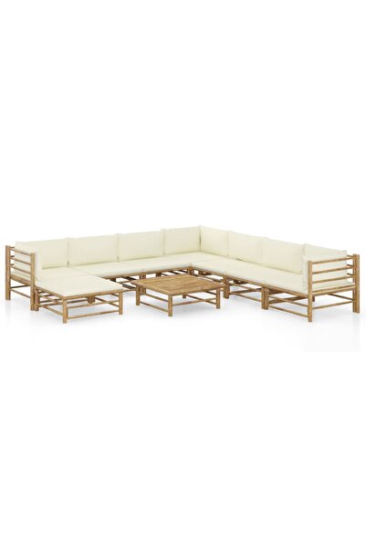Concept Set mobilier de grădină, 9 piese, perne alb crem, bambus