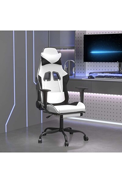Concept Scaun de gaming cu suport picioare, alb/negru, piele ecologică