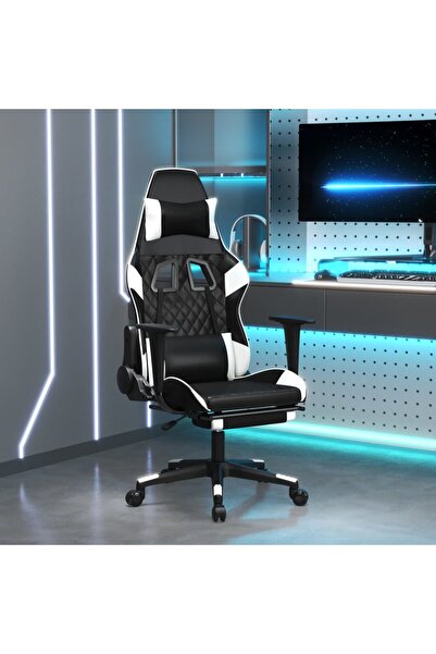 Concept Scaun de gaming masaj/suport picioare alb/negru piele