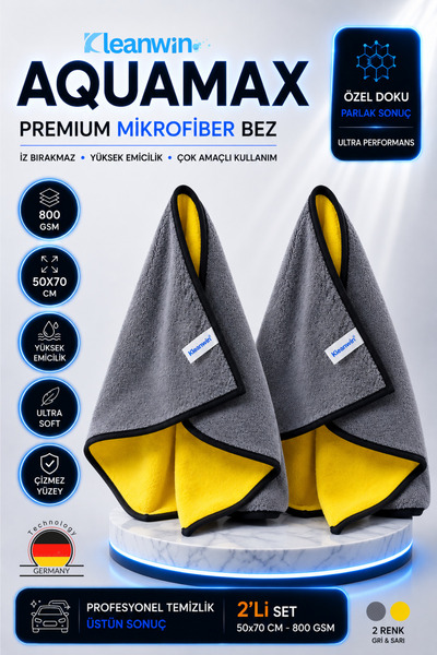 Kleanwin AquaMax 2’li Set 50x70 cm Mikrofiber 800 GSM Oto Kurulama Havlusu – ...