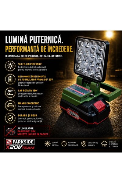GBTD Reflector LED 10W cu USB-C 65W, Compatibil Parkside 20V, Reglabil Pan-Tilt