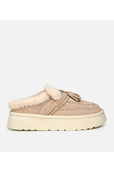 Hotiç Women's Suede Leather Beige Fur Inside Flat Slippers with Tassel Detail