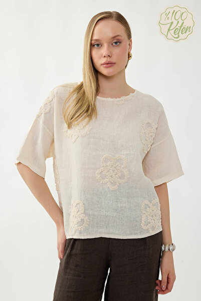 Vitrin 100% Linen Floral Motif Short Sleeve Blouse