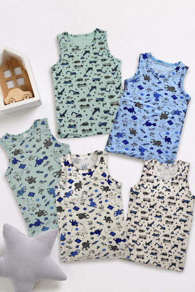 MADALİNA Boys' 95% Cotton Blue Dinosaur Pattern Set of 5 Undershirts