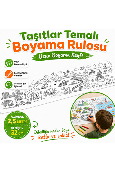 AHDTOPTAN Taşıtlar Boyama Rulosu 32 cm x 2,5 Metre | Çocuklar İçin Uzun Boyam...