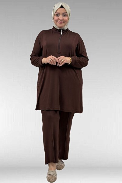 67014 Plus Size Combed Cotton Set with Collar and Zipper and Pants - Brown