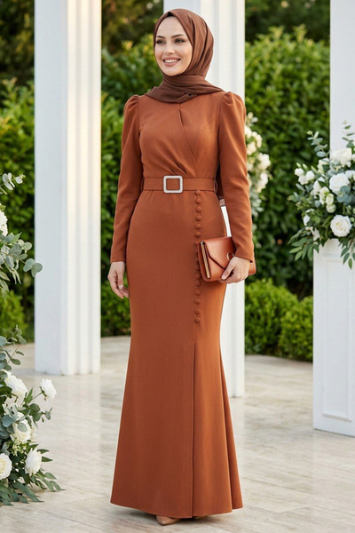 Neva Style Düğme Detaylı Balık Taba Tesettür Abiye Elbise 3231TB