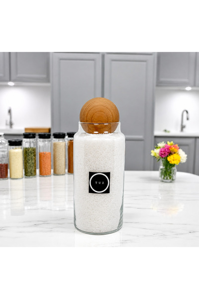 mafa home Glass Salt Storage Jar with Wooden Ball Lid 1400 ml with Tag Gift